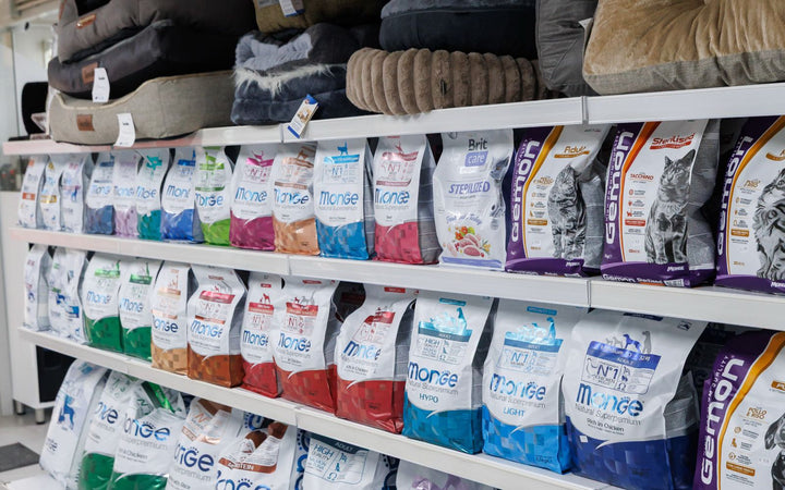 Pet food shelves in the food aisle at Healthy Pet Hospital