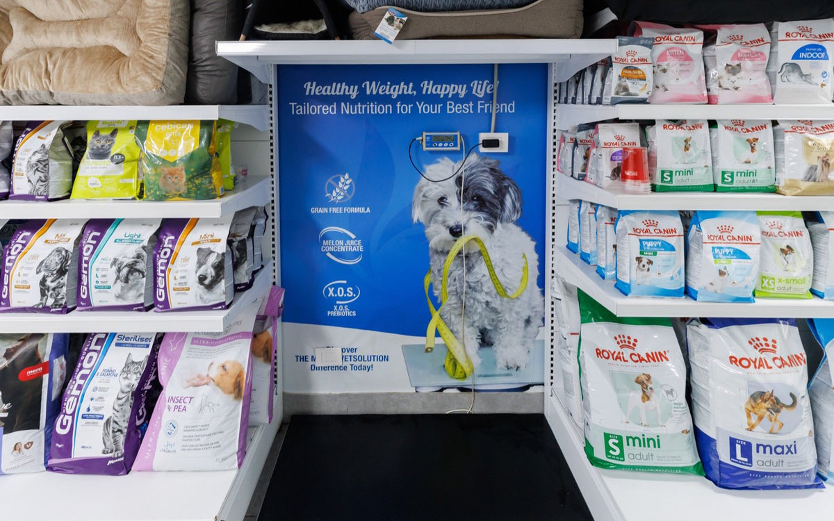 Veterinary diet display between the Monge and Royal Canin shelves at Healthy Pet Hospital