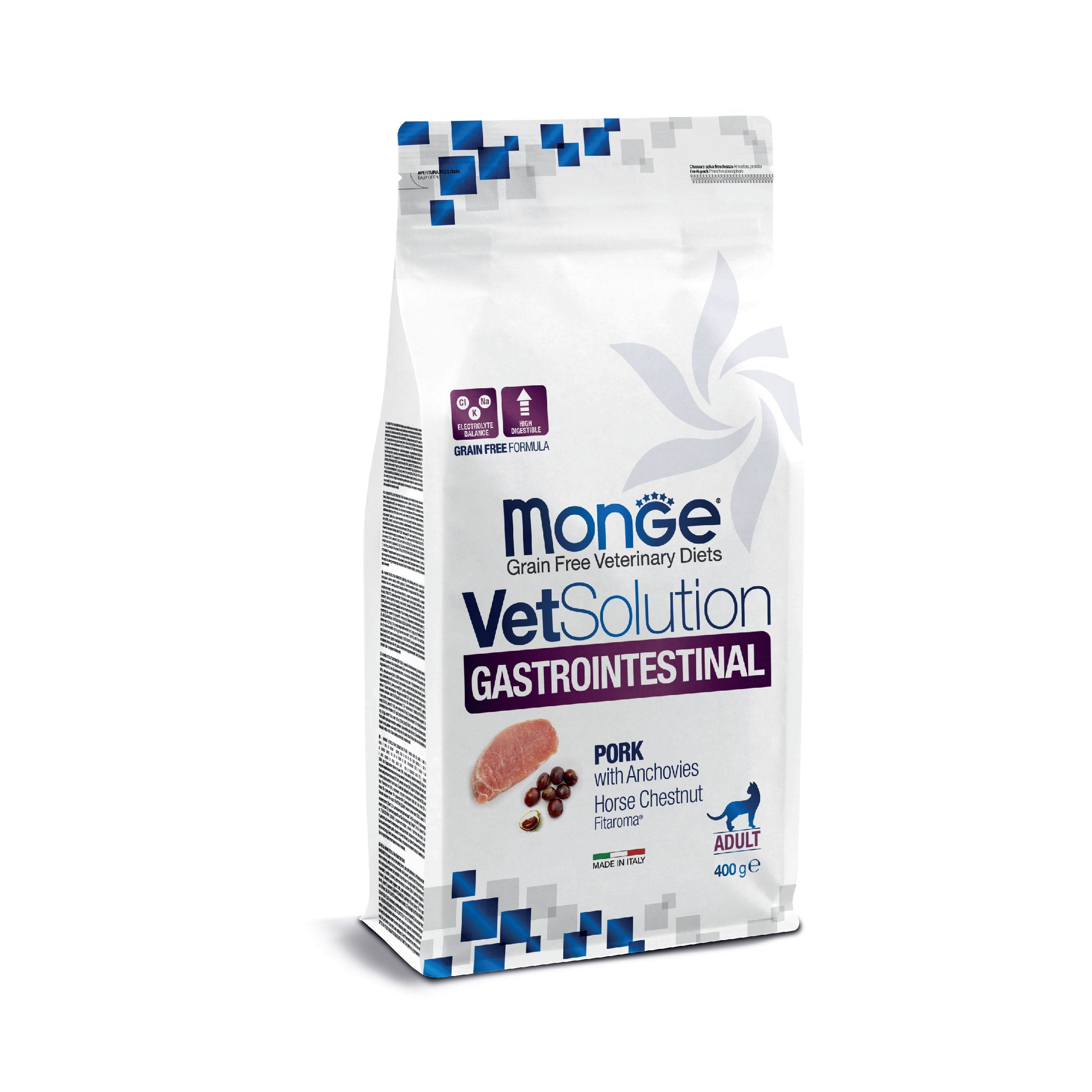 Monge VetSolution Gastrointestinal dog food package on a white background
